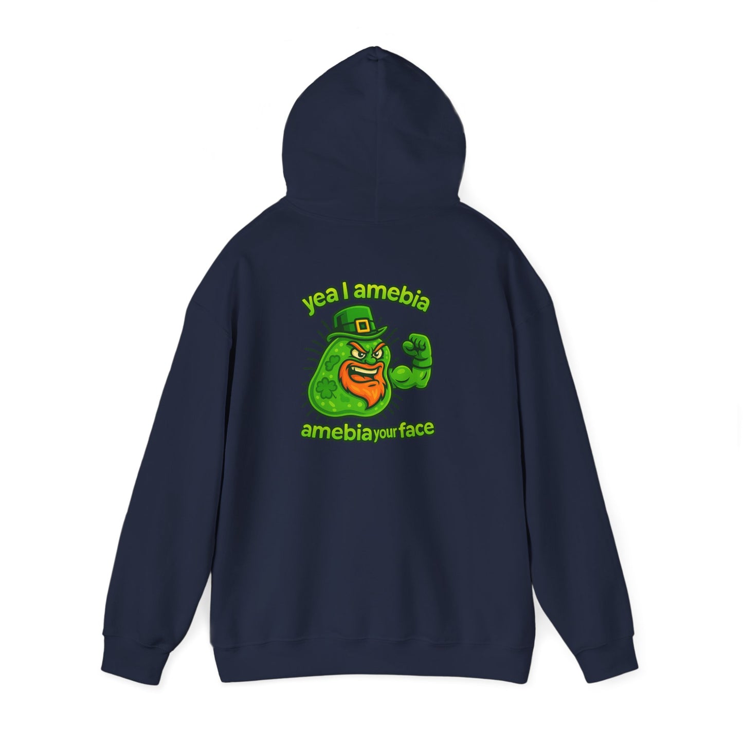Amebiavirus St. Patrick's Day Hoodie — Funny Green Germ Mascot with 'yea bia amebiavirusface' Text