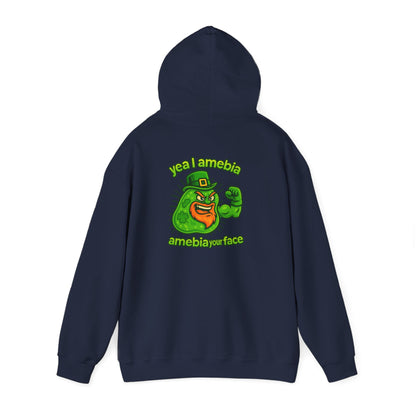 Amebiavirus St. Patrick's Day Hoodie — Funny Green Germ Mascot with 'yea bia amebiavirusface' Text