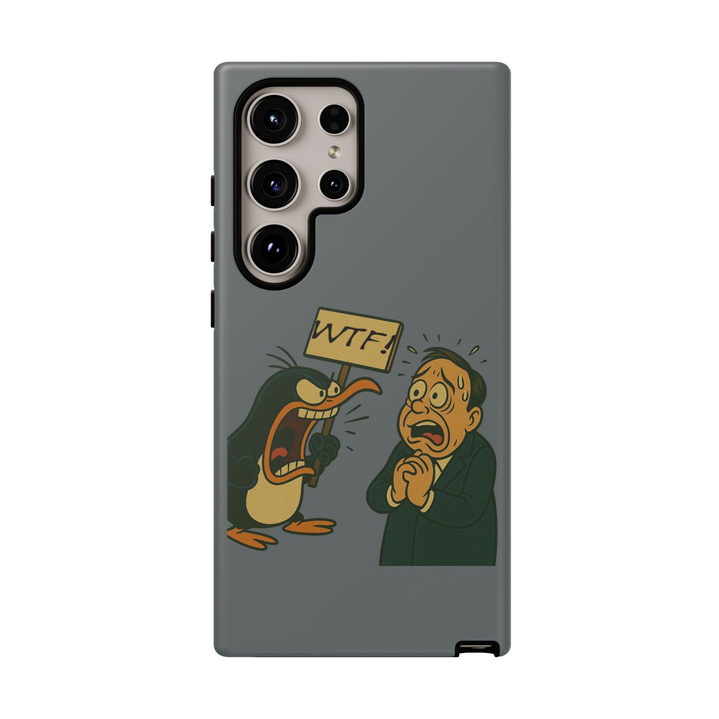 Phone Case - Cartoon Penguin Yelling 'WTF' at Shocked Man, Funny Protective iPhone Cover