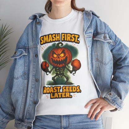 Smash First Pumpkin Boxer illustration T-Shirt | Halloween pumpkin design