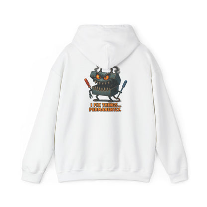 Robot Mechanic Hoodie — "I Fix Things... Permanently" Graphic Hooded Sweatshirt