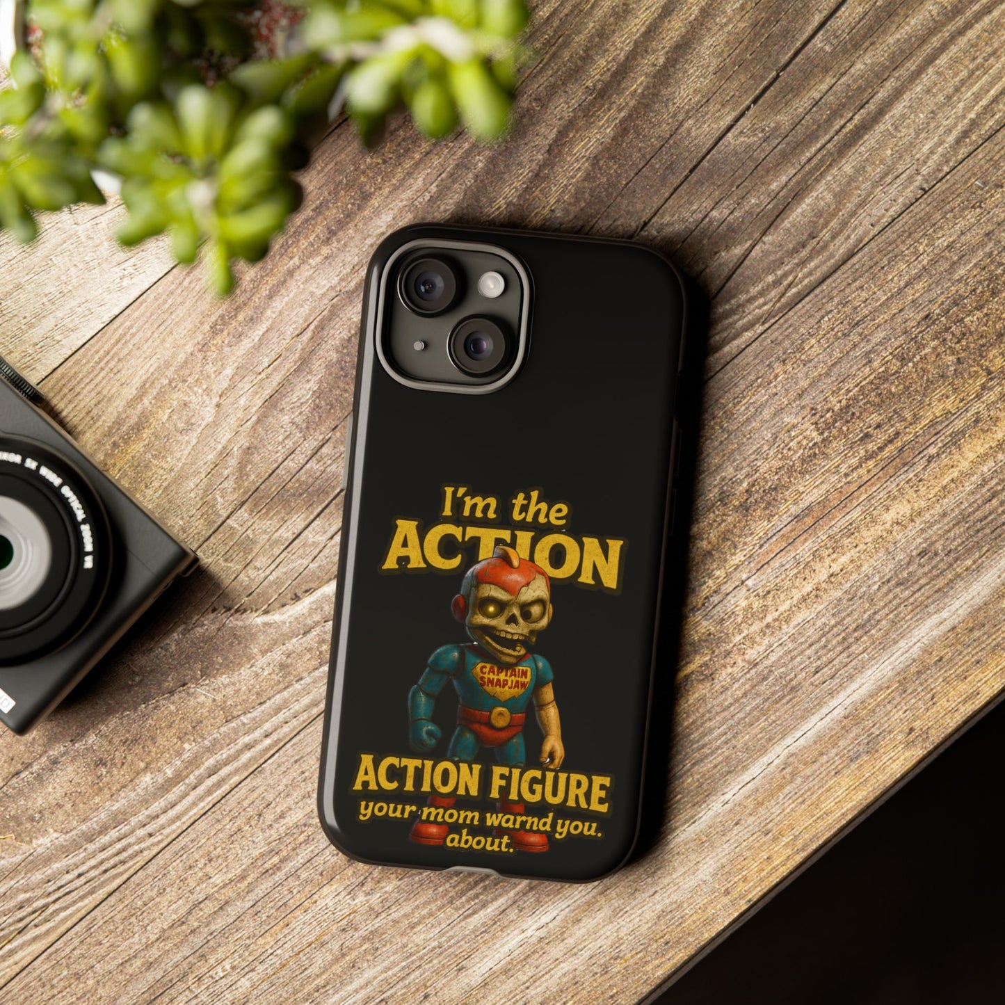 Action Figure Phone Case — "I'm the Action" Retro Skull Toy Design