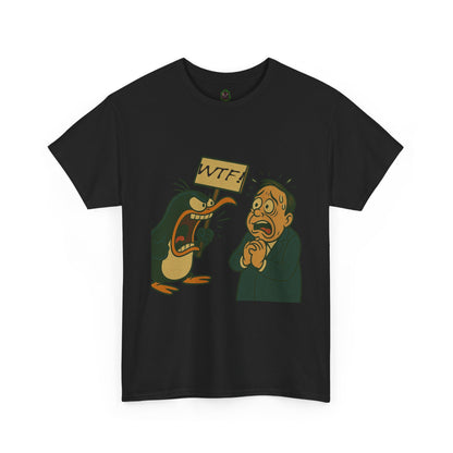 Graphic Tee - Cartoon Penguin Yelling “WTF” at Shocked Man