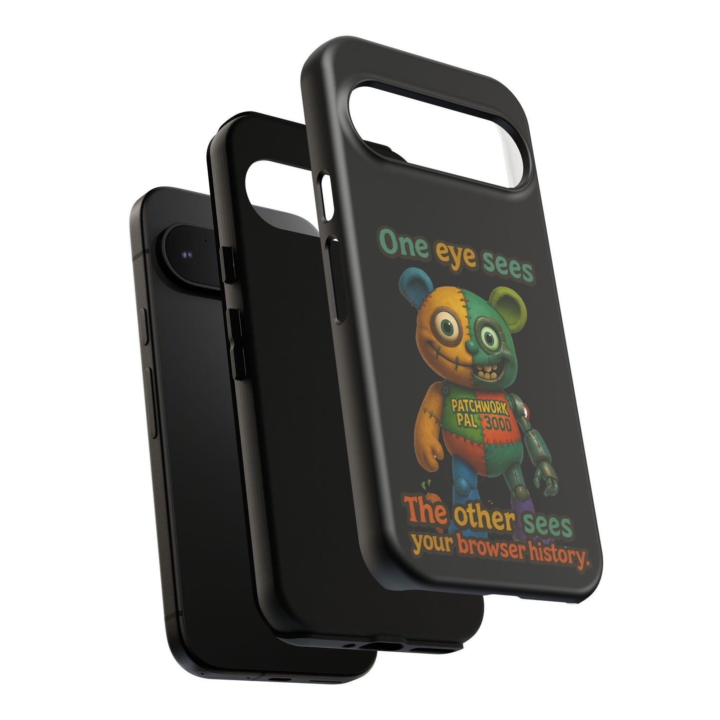 Phone Case — 'One Eye Sees, The Other Sees Your Browser History' Patchwork Bear Design