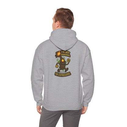 Expressive Pumpkin Character Hoodie — "Not Dangerous, I'm Expressive" Halloween Sweatshirt