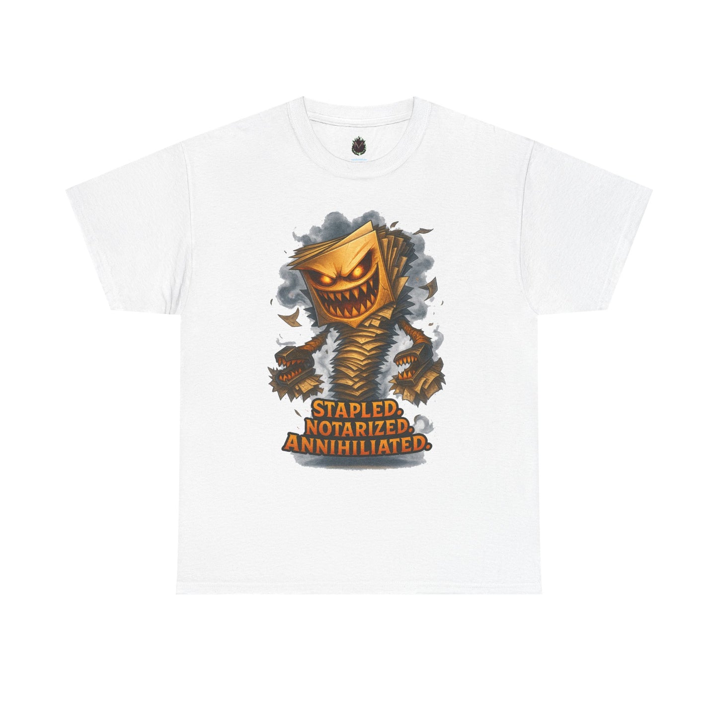 Stapled Notarized Annihilated Tee | Monster Paper Staple Design