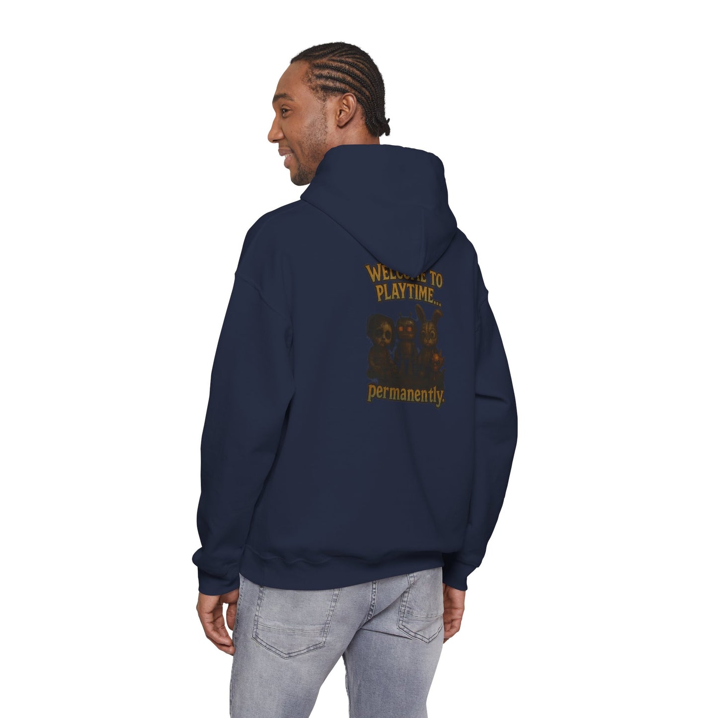 Hoodie — 'Welcome Playtime Permanently' Vintage Horror Character Back Graphic