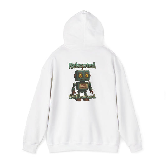Robot Graphic Hoodie — "Rebooted. Socially Awkward." Retro Cute Robot Back Print