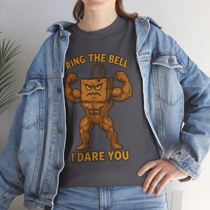 Kettlebell Mascot Tee — "Ring the Bell, I Dare You" Gym T-Shirt