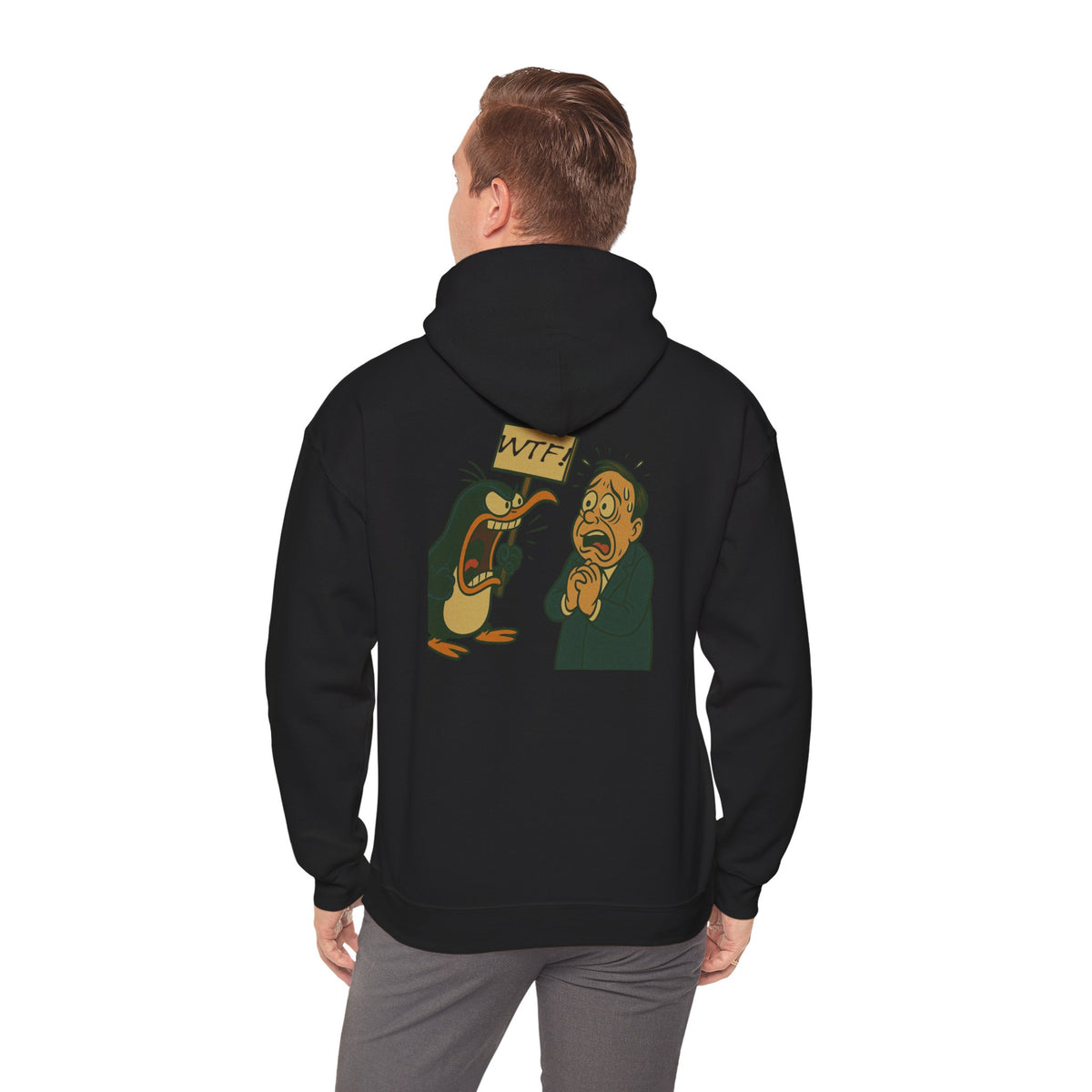 Hoodie — Cartoon Penguin Screams ‘No!’ Back Print Sweatshirt