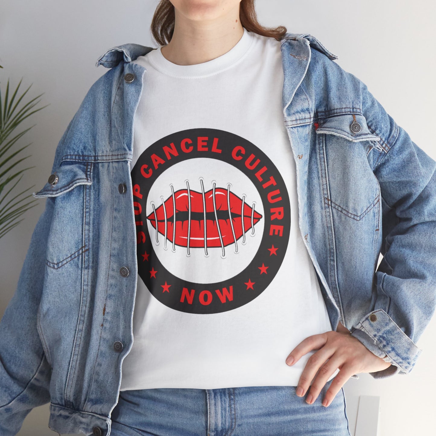Stop Cancel Culture Now – Free Speech Tee (Barred Lips Design)