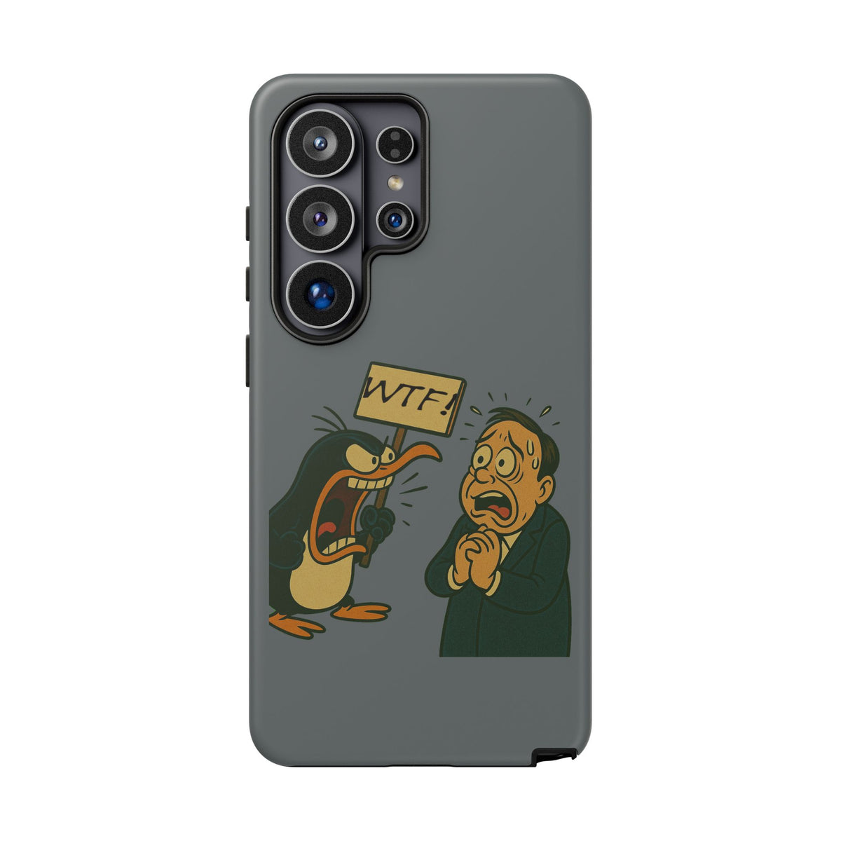 Phone Case - Cartoon Penguin Yelling 'WTF' at Shocked Man, Funny Protective iPhone Cover