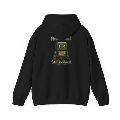 Robot Graphic Hoodie — "Rebooted. Socially Awkward." Retro Cute Robot Back Print