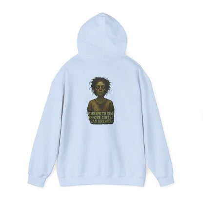 Hoodie — "Cursed to Rise Before Coffee Was Brewed" Goth Coffee Graphic Hooded Sweatshirt