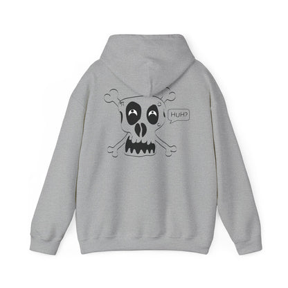 Skull & Crossbones 'Huh?' Hoodie – Edgy Cartoon Skull Back Graphic Sweatshirt