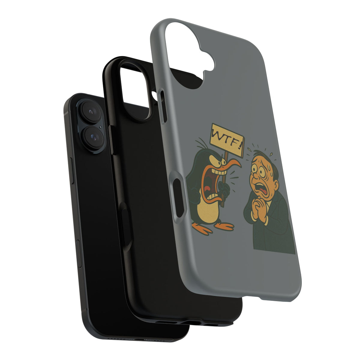 Phone Case - Cartoon Penguin Yelling 'WTF' at Shocked Man, Funny Protective iPhone Cover