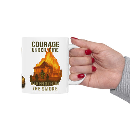 Courage Under Fire – Strength in the Smoke Firefighter Mug