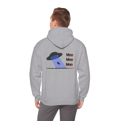 UFO Cow Abduction Hoodie - 'Moo Moo Moo' Graphic Hooded Sweatshirt