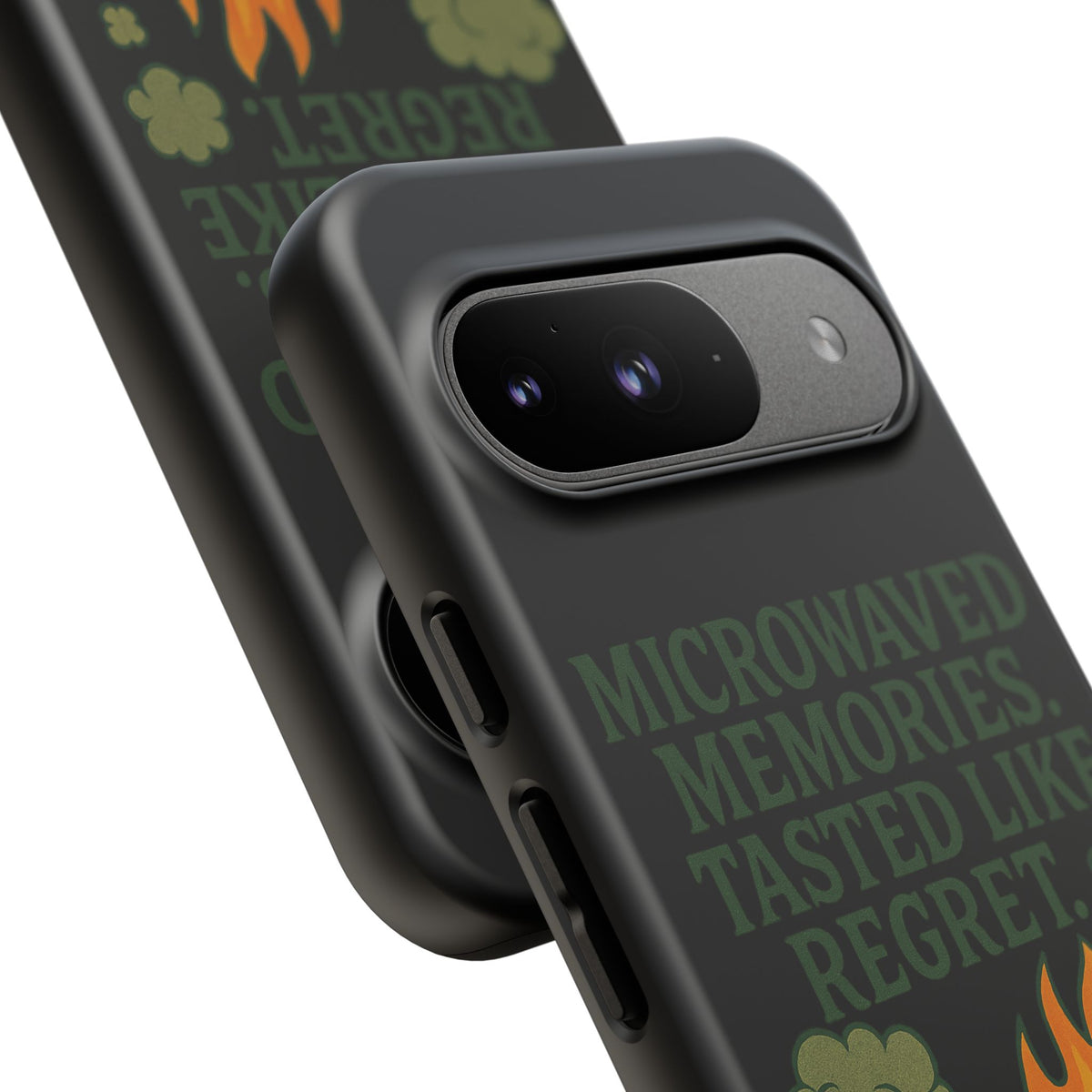 Microwaved Memories Phone Case — 'Microwaved Memories. Tasted Like Regret.' Retro Fire Design