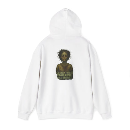 Hoodie — "Cursed to Rise Before Coffee Was Brewed" Goth Coffee Graphic Hooded Sweatshirt