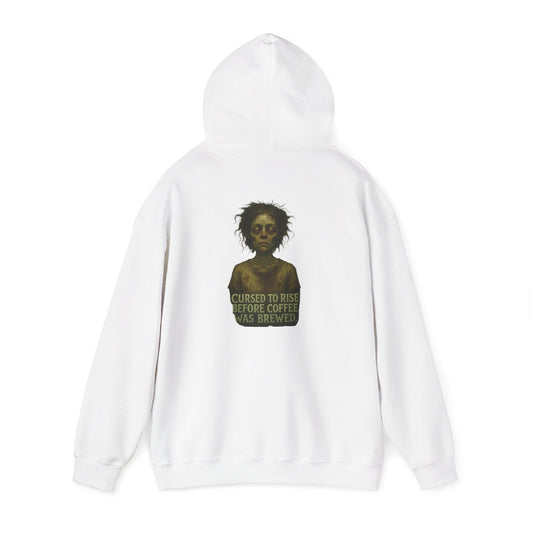 Hoodie — "Cursed to Rise Before Coffee Was Brewed" Goth Coffee Graphic Hooded Sweatshirt