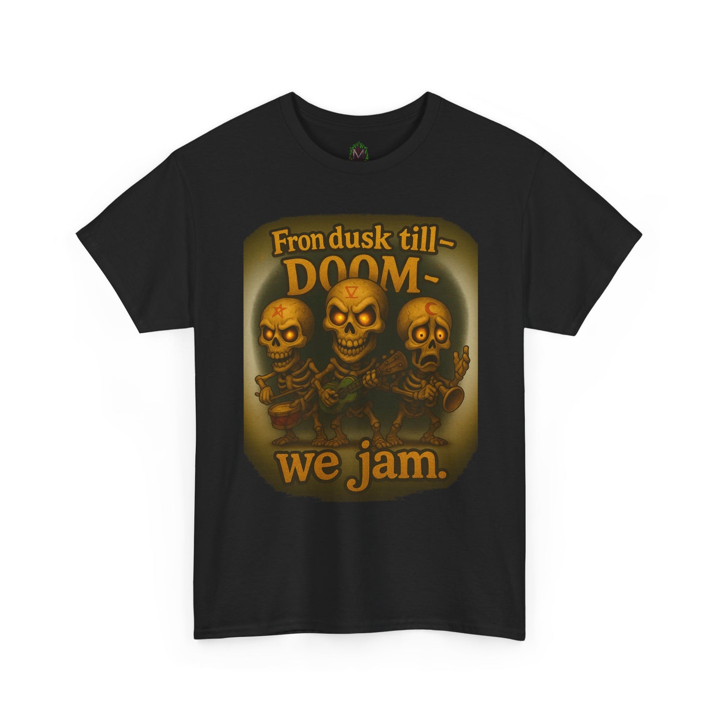 T-Shirt — "From Dusk Till Doom We Jam" Skull Band Graphic Tee