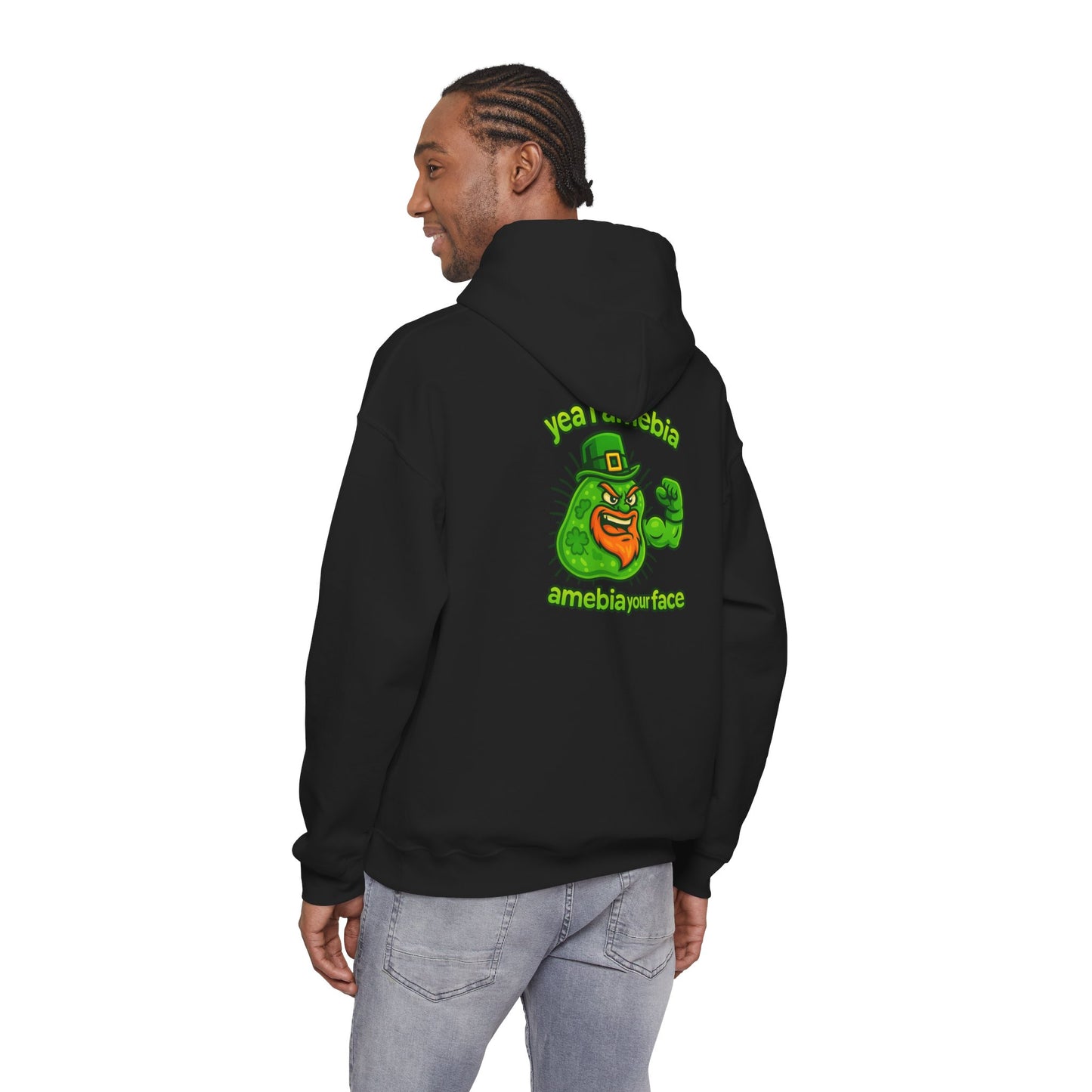 Amebiavirus St. Patrick's Day Hoodie — Funny Green Germ Mascot with 'yea bia amebiavirusface' Text