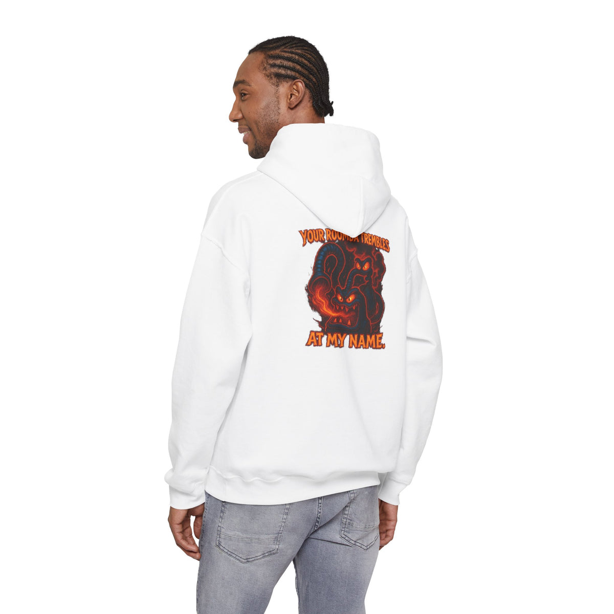 Hoodie — Fiery Demon Skull 'Your Roomba Trembls At My Name' Graphic Back Print