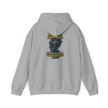 Darkness Stirred Hoodie — Vintage Cat Illustration "Poured in Darkness, Stirred in Chaos, Served with Style"