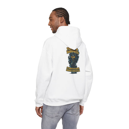 Darkness Stirred Hoodie — Vintage Cat Illustration "Poured in Darkness, Stirred in Chaos, Served with Style"