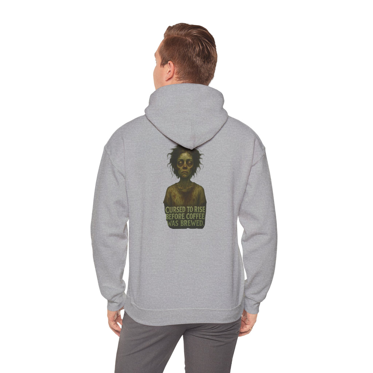 Hoodie — "Cursed to Rise Before Coffee Was Brewed" Goth Coffee Graphic Hooded Sweatshirt