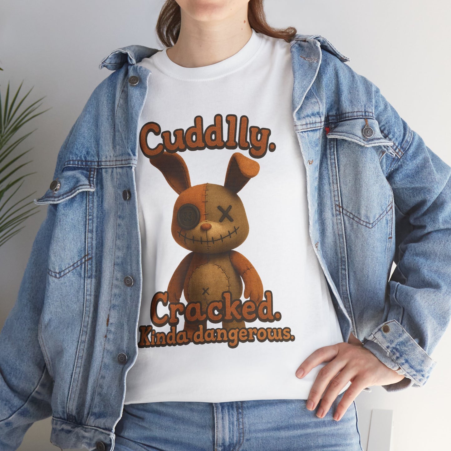 T‑Shirt — "Cuddly. Cracked. Kinda dangerous." Distressed Bunny Graphic Tee