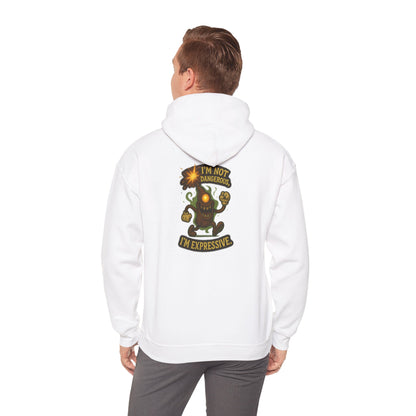 Expressive Pumpkin Character Hoodie — "Not Dangerous, I'm Expressive" Halloween Sweatshirt