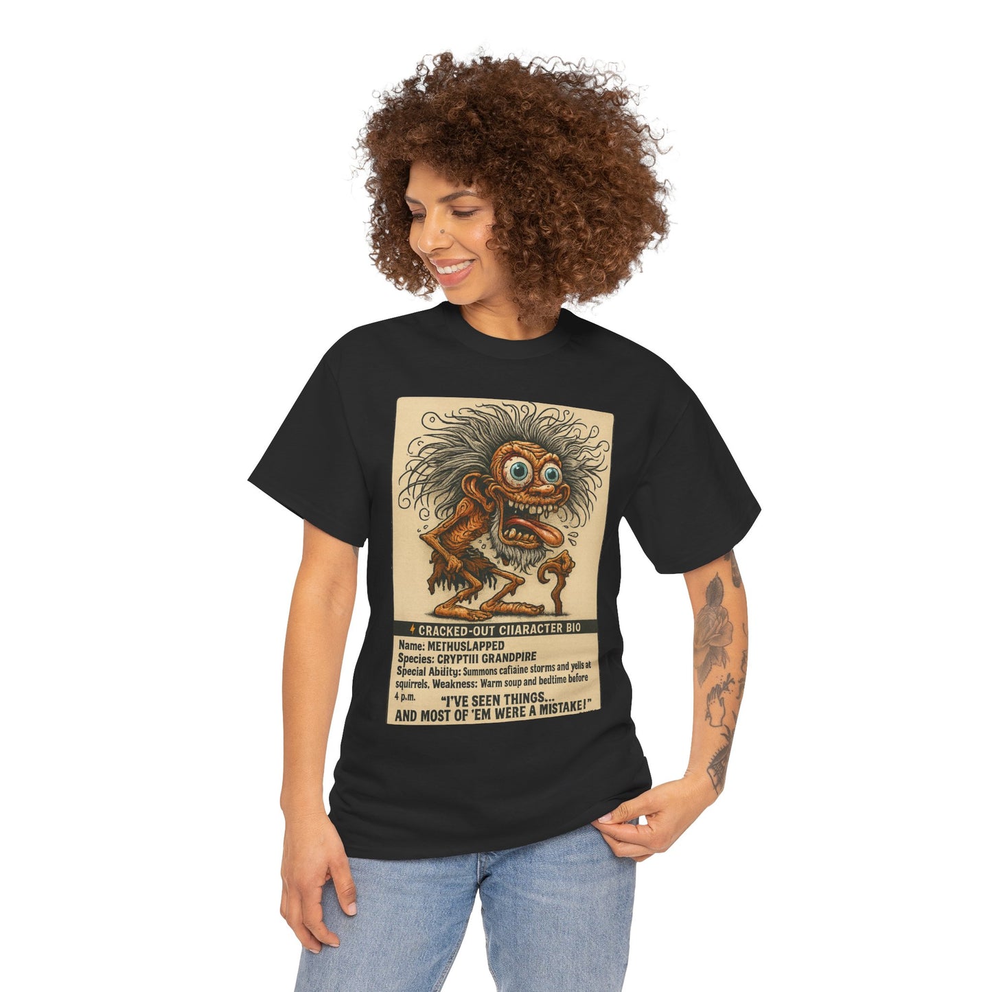 Methslapped – Cryptid Grandpa Character Bio T-Shirt