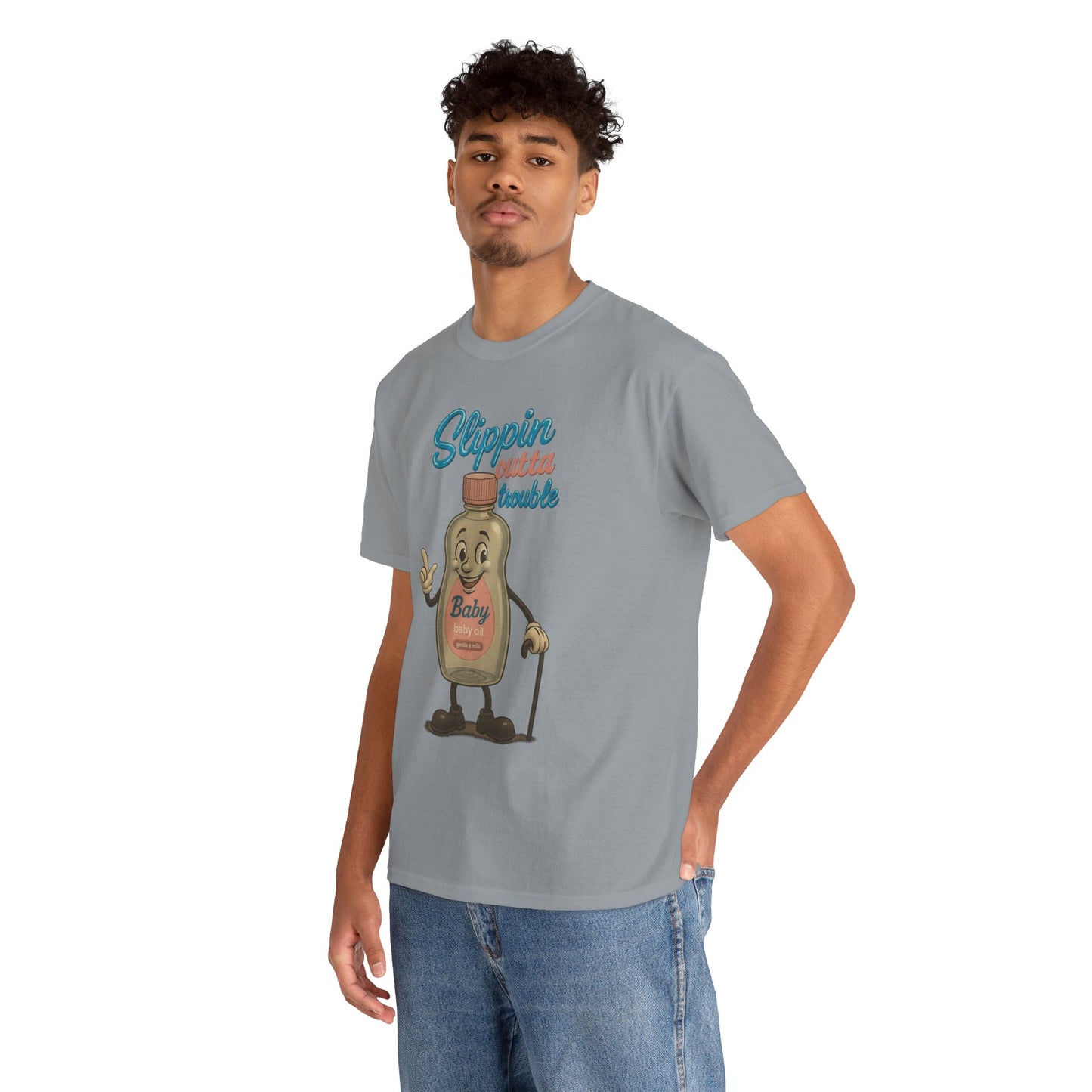 Slippin' Outta Trouble – Funny Baby Oil Cartoon T-Shirt