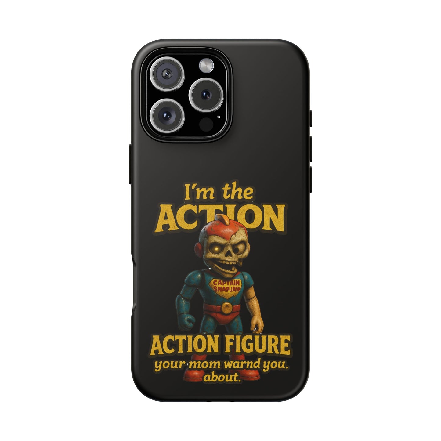 Action Figure Phone Case — "I'm the Action" Retro Skull Toy Design