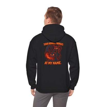 Hoodie — Fiery Demon Skull 'Your Roomba Trembls At My Name' Graphic Back Print