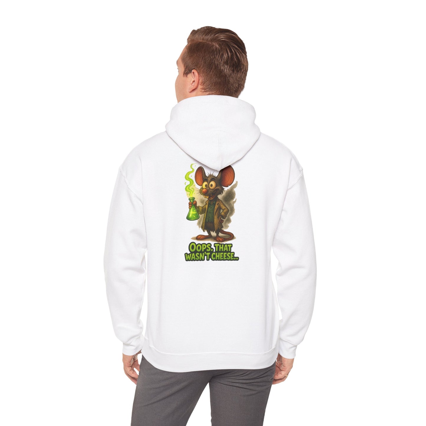 Chemistry Mouse Hoodie — "Oops, That Wasn't Cheese" Cute Scientist Graphic