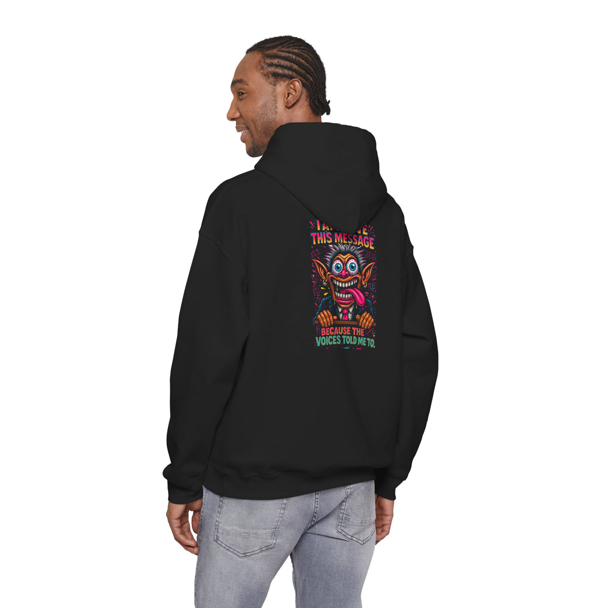 Hoodie — "I Did This Because the Voices Told Me to" Retro Horror Graphic