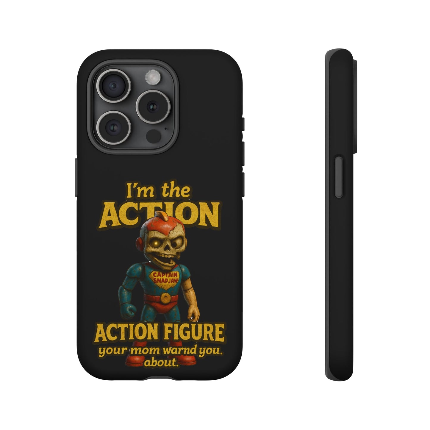 Action Figure Phone Case — "I'm the Action" Retro Skull Toy Design