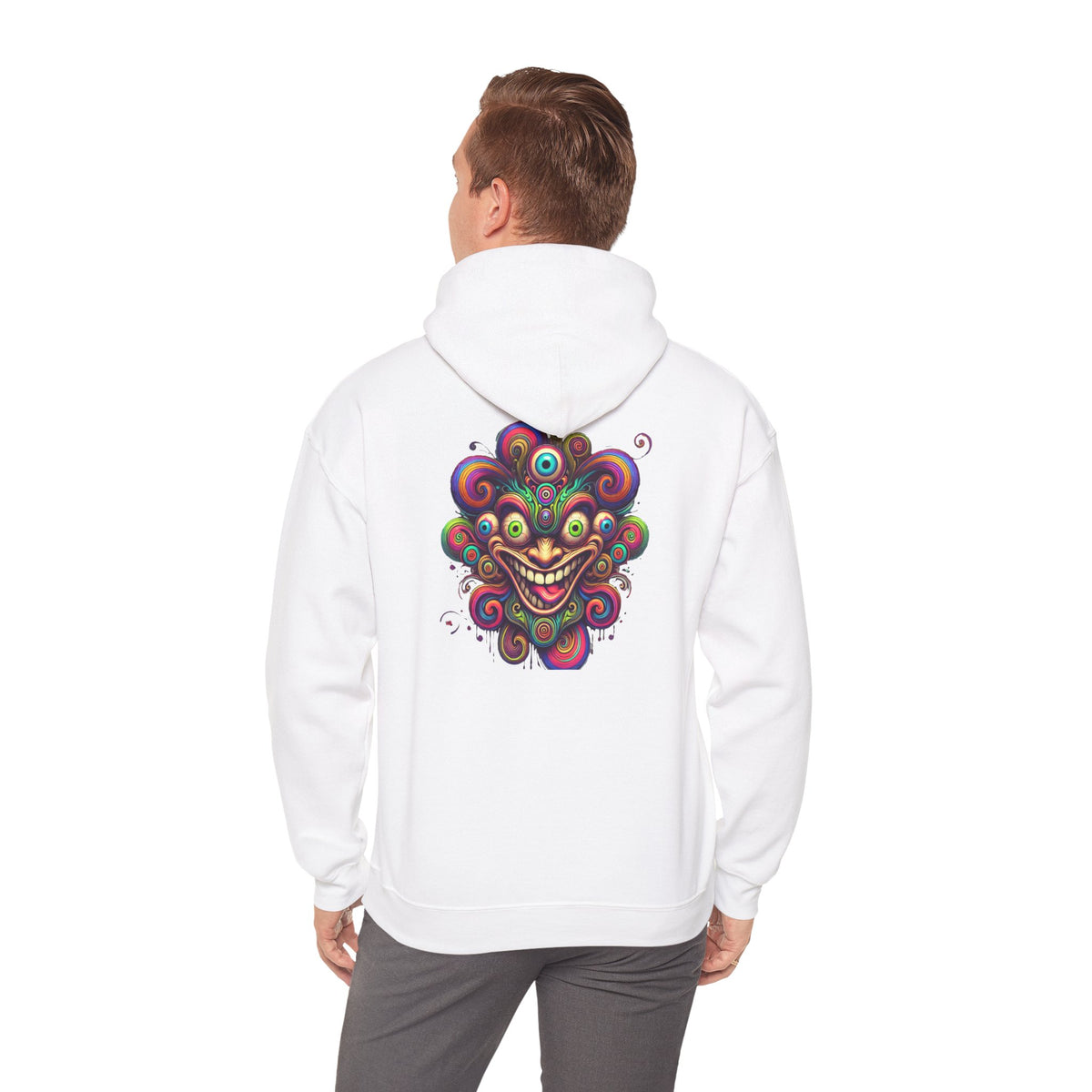Psychedelic Smiling Jester Hoodie – Colorful Trippy Festival Sweatshirt
