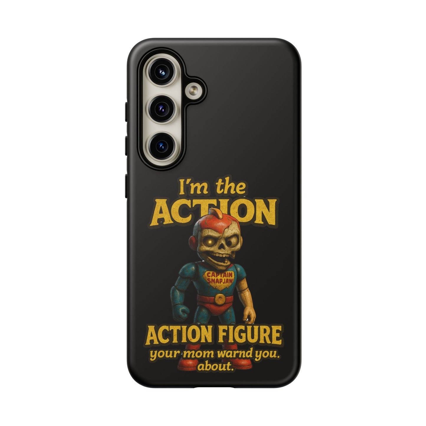 Action Figure Phone Case — "I'm the Action" Retro Skull Toy Design