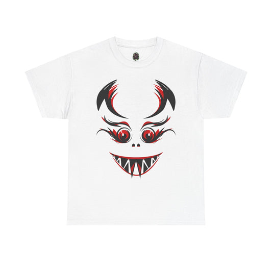 Creepy Smiling Demon Face T-Shirt — Red & Black Halloween Graphic Tee