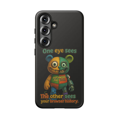 Phone Case — 'One Eye Sees, The Other Sees Your Browser History' Patchwork Bear Design
