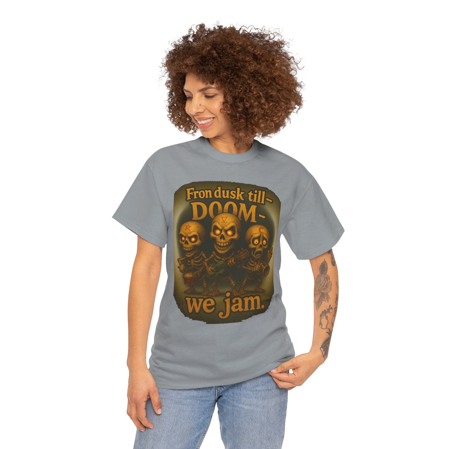 T-Shirt — "From Dusk Till Doom We Jam" Skull Band Graphic Tee