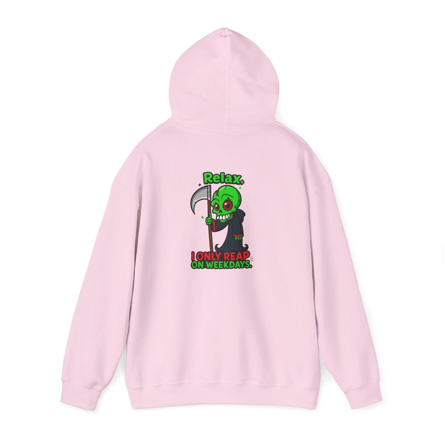 Grim Reaper Cartoon Hoodie — "I Only Read on Weekdays" Graphic Pullover