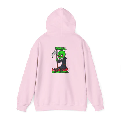 Grim Reaper Cartoon Hoodie — "I Only Read on Weekdays" Graphic Pullover