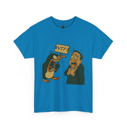 Graphic Tee - Cartoon Penguin Yelling “WTF” at Shocked Man