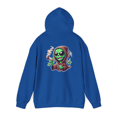 Reaper Alien Hoodie – Cute Green Grim Reaper Smoking Cartoon Graphic Hooded Sweatshirt