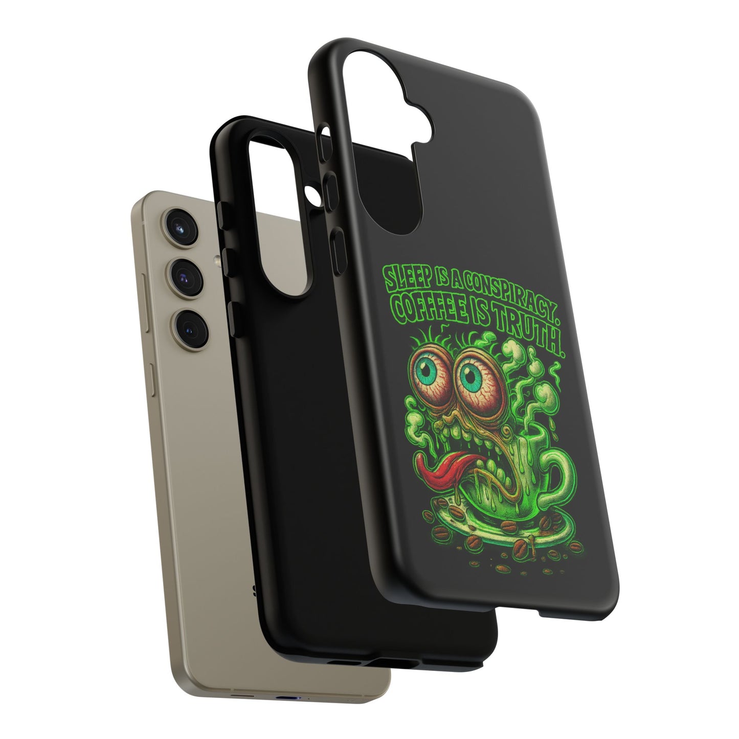Phone Case — “Sleep Is a Conspiracy, Coffee Is Truth” Retro Monster Design